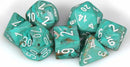 A vibrant set of polyhedral dice featuring a marble oxi-copper design with white numbering. The set includes various shapes like d4, d6, d8, d10, d12, and d20, ideal for tabletop games.
