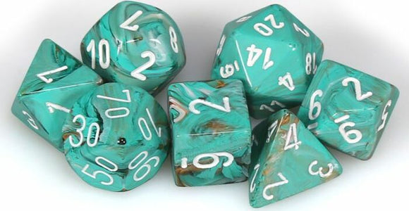 A vibrant set of polyhedral dice featuring a marble oxi-copper design with white numbering. The set includes various shapes like d4, d6, d8, d10, d12, and d20, ideal for tabletop games.