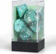 A teal marble Oxi-Copper dice set by Chessex, featuring white polyhedral dice. The set includes various shaped dice packaged in a clear plastic box, ideal for tabletop gaming.