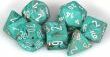 A vibrant set of polyhedral dice featuring a marble oxi-copper design with white numbering. The set includes various shapes like d4, d6, d8, d10, d12, and d20, providing a stylish addition to tabletop games.