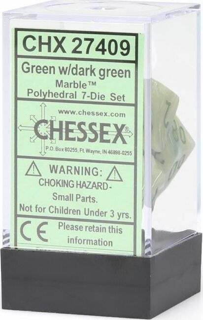 Chessex polyhedral 7-die set in marble green and dark green colors. The set is housed in a clear plastic container with a black base, showcasing the unique dice inside. Ideal for tabletop gaming enthusiasts.