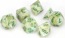 A set of six polyhedral dice featuring a beautiful green and dark green marble design. Each die is clearly marked with bold green numbers, perfect for tabletop games.