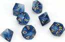 A set of six polyhedral dice in a stunning phantom teal and gold color scheme. Each die features intricate gold numbering on a translucent, swirled teal background, perfect for tabletop role-playing games. The dice include various shapes like d4, d6, d8, d10, d12, and d20, showcasing both elegance and functionality in gaming.