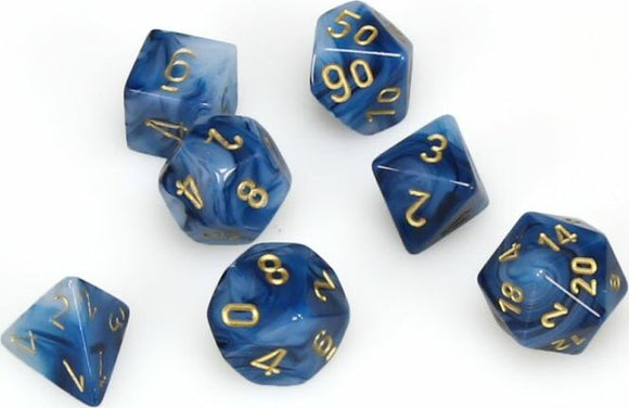 A set of six polyhedral dice in a stunning phantom teal and gold color scheme. Each die features intricate gold numbering on a translucent, swirled teal background, perfect for tabletop role-playing games. The dice include various shapes like d4, d6, d8, d10, d12, and d20, showcasing both elegance and functionality in gaming.