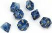 A set of six polyhedral dice in a striking phantom teal and gold color scheme, crafted by Chessex. The dice include various shapes typical for tabletop games, featuring clear, easy-to-read numbers in gold against a translucent teal background. Ideal for Dungeons & Dragons or other role-playing games.