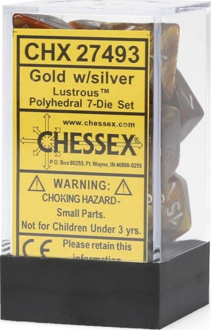 Chessex Lustrous Gold/Silver Polyhedral Dice Set featuring a transparent cube packaging. The set includes seven intricately designed polyhedral dice, characterized by a luxurious gold color with silver numbering, ideal for tabletop gaming and role-playing games.