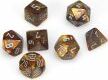 A beautiful set of lustrous polyhedral dice featuring gold and silver colors, comprising various shapes including d4, d6, d8, d10, d12, and d20. Perfect for tabletop games and role-playing adventures, these dice offer a stunning visual appeal while ensuring precision in every roll.