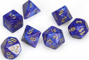 A set of lustrous polyhedral dice in purple and gold, featuring seven dice including a D4, D6, D8, D10, D12, D20, and a percentile D10, perfect for tabletop gaming and role-playing.
