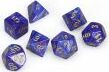 Set of lustrous polyhedral dice in purple and gold, made by Chessex, showcasing various shapes including d4, d6, d8, d10, d12, and d20, ideal for tabletop gaming.