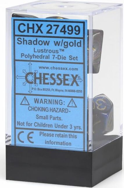 Chessex Lustrous shadow and gold polyhedral dice set, featuring a beautifully designed 7-die collection in a clear case with a black base. The dice showcase a striking shadow color with gold accents, ideal for tabletop gaming and role-playing games.