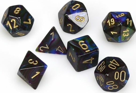 A set of Lustrous shadow/gold polyhedral dice by Chessex. The dice feature a glossy, dark finish with shimmering colors and gold numbering, perfect for tabletop games and RPGs. The assortment includes multiple shapes such as d20, d12, d10, d8, d6, and d4, all displaying vibrant highlights.