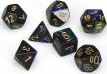Set of lustrous shadow and gold polyhedral dice by Chessex, featuring six distinct dice shapes: d4, d6, d8, d10, d12, and d20. Each die is colored in deep shadow tones with intricate gold numbering, perfect for tabletop gaming and role-playing adventures.