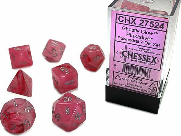 Ghostly Glow pink and silver polyhedral dice set by Chessex. This set includes seven uniquely shaped dice: D4, D6, D8, D10, D12, D20, and a percentile die, all featuring a translucent pink body with silver numbering. Perfect for tabletop role-playing games.