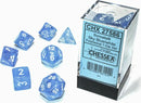 A set of Borealis Sky blue and white polyhedral dice, packaged in a clear plastic box. The 7-die set includes various shapes, such as a dodecahedron and tetrahedron, showing white numbers against a blue background, ideal for tabletop gaming and role-playing games.