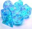 A set of six Borealis Sky blue and white polyhedral dice by Chessex, featuring a transparent design with swirling blue patterns. The dice include various shapes such as d20, d12, and d8, perfect for tabletop role-playing games.