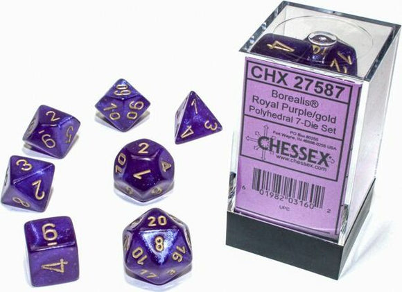 Borealis Luminary Royal Purple and Gold Polyhedral Dice Set by Chessex, featuring seven beautifully crafted dice in rich royal purple with gold numerals. The set includes various dice shapes such as a d20, d12, d10, and others, packaged in a clear display box.