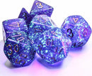 A Borealis Luminary Royal Purple and Gold Polyhedral Dice Set by Chessex, featuring a stunning galaxy-inspired design with deep purple and gold colors, perfect for tabletop gaming.