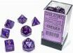 A Borealis Luminary Royal Purple and Gold Polyhedral Dice Set displayed in a transparent box. The set includes seven intricately designed dice in various shapes, featuring rich royal purple with shimmering gold numbers. Ideal for tabletop games and RPG enthusiasts.