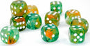 Set of 12 colorful dice in various shapes and sizes, featuring a swirling nebula pattern of greens, oranges, and whites. Each die has clear white dots representing numbers.