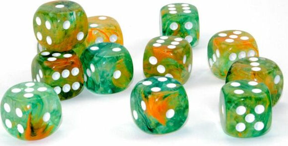 Set of 12 colorful dice in various shapes and sizes, featuring a swirling nebula pattern of greens, oranges, and whites. Each die has clear white dots representing numbers.