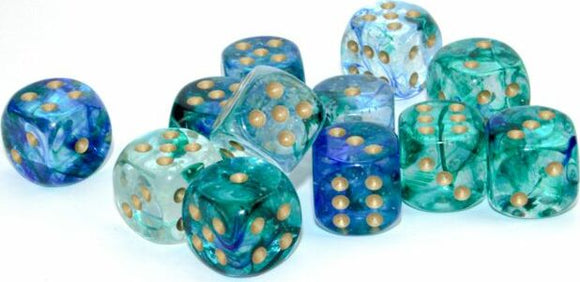 A collection of vibrant, translucent polyhedral dice in shades of blue and green, featuring golden pips. The assortment includes several D6 dice made by Chessex, ideal for tabletop games.