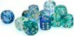 A vibrant assortment of twelve D6 dice in nebula ocean and gold colors, featuring various shades of blue, green, and translucent designs. Ideal for tabletop games and role-playing adventures.