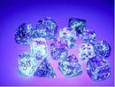 A collection of luminous gaming dice from Chessex's Nebula Noctern/blu Lumin set. These multi-colored, translucent dice feature cosmic patterns and bright, glowing effects under UV light. The set includes various shapes such as D6, D20, and more, ideal for tabletop games.