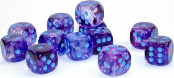 A vibrant collection of polyhedral dice, featuring a mix of rich purple and blue hues. Each die showcases intricate designs with blue dots, reflecting light beautifully, perfect for tabletop gaming and role-playing adventures.