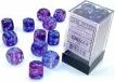 The Nebula Noctern/blu Lumin 12 D6 dice set by Chessex displays a variety of purple and blue translucent dice. The set includes multiple D6 dice, showcasing swirling patterns within a transparent finish. The packaging is a clear plastic box with a label indicating the product details, placed on a flat black surface.