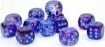 A collection of Nebula Noctern and blu Lumin 12 D6 dice by Chessex, showcasing a variety of shades of purple, swirling patterns, and the distinct number markings on each die. Ideal for tabletop games and role-playing adventures.