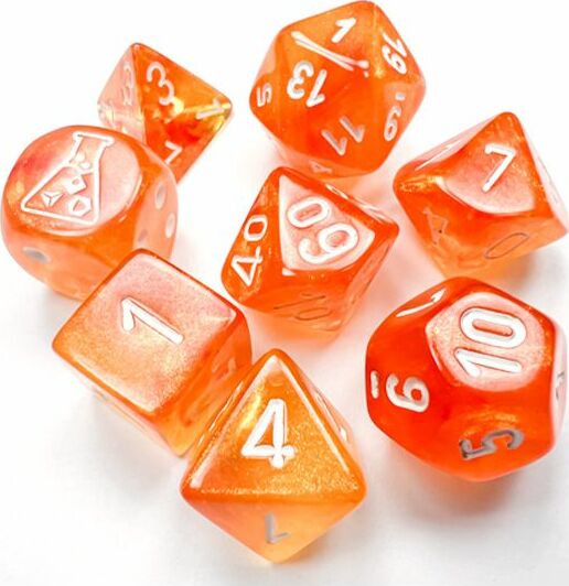 A vibrant 7-piece dice set from Chessex featuring a Borealis Blood Orange/White color scheme. The set includes various polyhedral dice, showcasing a translucent orange design with white numbering. Perfect for tabletop gaming enthusiasts looking to enhance their gaming experience with stylish and colorful dice.