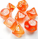 A vibrant 7-piece dice set from Chessex featuring a Borealis Blood Orange/White color scheme. The set includes various polyhedral dice, showcasing a translucent orange design with white numbering. Perfect for tabletop gaming enthusiasts looking to enhance their gaming experience with stylish and colorful dice.