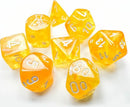 A vibrant polyhedral dice set featuring Borealis Canary and White colors by Chessex. The set includes various shapes of dice, each displaying clear white numbers on a luminous yellow background, perfect for tabletop games.