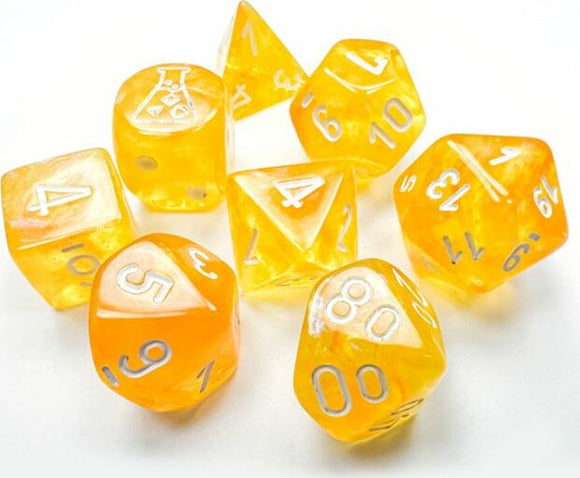 A vibrant polyhedral dice set featuring Borealis Canary and White colors by Chessex. The set includes various shapes of dice, each displaying clear white numbers on a luminous yellow background, perfect for tabletop games.
