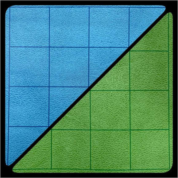Chessex Blu/Grn Reversible Battle Mat displaying a blue section with grid lines on one side and a green section with grid lines on the other side, ideal for tabletop games.