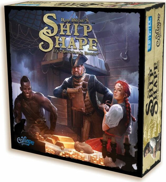 The game "Ship Shape" by Calliope features a colorful box artwork depicting three characters: a muscular man, a stoic captain, and a woman in traditional pirate attire, all surrounded by treasure and set against a ship backdrop, hinting at a thrilling smuggler adventure.