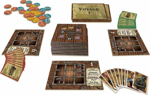 Ship Shape game by Calliope featuring various components. Includes resource tokens in blue and orange, multiple game cards, and player boards with a pirate theme. The game is designed for strategic play, encouraging players to navigate challenges and achieve goals.