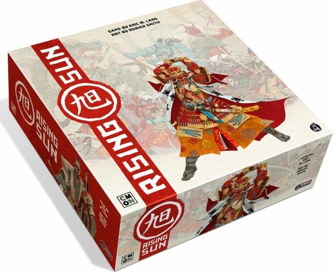 The box of the game 'Rising Sun' featuring vibrant artwork of a warrior in colorful traditional attire, set against a backdrop of intricate designs. The title is prominently displayed in bold lettering, highlighting its thematic elements.