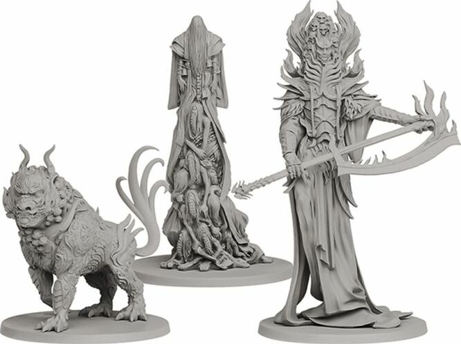 Three detailed grey figures representing fantasy characters. On the left, a beast with intricate designs; in the center, a tall, ghostly figure; on the right, a powerful warrior wielding a large scythe, dressed in ornate armor.