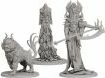 Three intricately designed game figurines representing a mythical scene: a lion-like creature on the left, a towering figure in the middle, and a cloaked character wielding a scythe on the right. Each figure showcases detailed textures and features, perfect for enhancing tabletop game aesthetics.