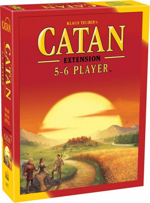 Catan: 5-6 Player Extension board game box featuring vibrant artwork of a sunset over a landscape. Three characters are depicted in the foreground, enhancing the game's theme of resource management and strategy.