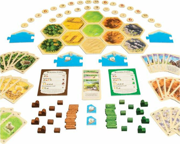 Catan: 5-6 Player Extension game components spread out, featuring hexagonal terrain tiles, resource cards, player pieces in various colors, and building cost cards, designed to accommodate additional players in the popular strategy board game.