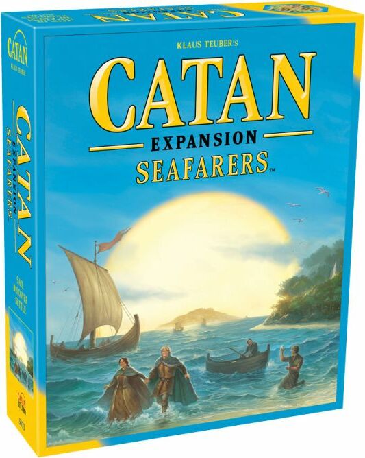 Catan: Seafarers game box featuring vibrant artwork. The box displays a sunlit ocean scene with ships and characters engaging in exploration, promising exciting adventures in the game.
