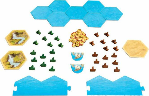 Components of the Catan: Seafarers – 5-6 Player Extension game by Asmodee, including hexagonal terrain tiles, resource tokens, ships, and player markers, designed for 5-6 players to enhance gameplay.