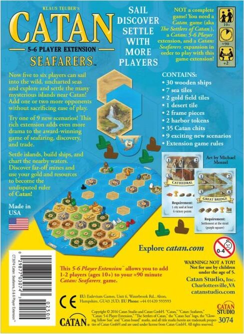 Catan: Seafarers – 5-6 Player Extension game box featuring vibrant illustrations of the game board, wooden ships, and resource tiles. The back of the box displays game details, including components, scenario descriptions, and installation instructions. Ideal for expanding the popular Catan game for more players, with a focus on exploration and trade.