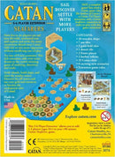 Catan: Seafarers – 5-6 Player Extension game box featuring vibrant illustrations of the game board, wooden ships, and resource tiles. The back of the box displays game details, including components, scenario descriptions, and installation instructions. Ideal for expanding the popular Catan game for more players, with a focus on exploration and trade.