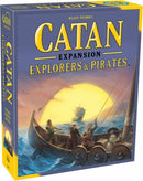 Catan: Explorers & Pirates game box featuring a vibrant illustration of explorers aboard a ship at sea, with a golden sunset in the background. The box prominently displays the title and expansion details.
