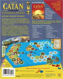 The back cover of Catan: Explorers & Pirates game expansion, featuring various game components, including game tokens, a detailed map, and instructions. The design highlights gameplay scenarios, ship and settlement building, and gameplay mechanics. Bright colors and visuals illustrate the adventurous theme of exploration and piracy.