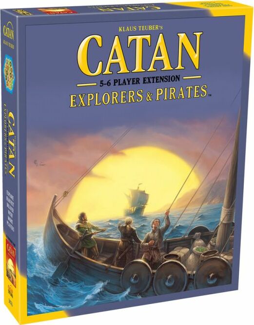 The Catan: Explorers & Pirates 5-6 Player Extension game box features an adventurous scene of explorers embarking on a journey at sea with a radiant yellow sun in the background. The illustration depicts a ship filled with barrels and three explorers, inviting players to delve into the world of Catan with expanded gameplay for additional players.