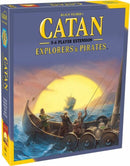 The Catan: Explorers & Pirates 5-6 Player Extension game box features an adventurous scene of explorers embarking on a journey at sea with a radiant yellow sun in the background. The illustration depicts a ship filled with barrels and three explorers, inviting players to delve into the world of Catan with expanded gameplay for additional players.